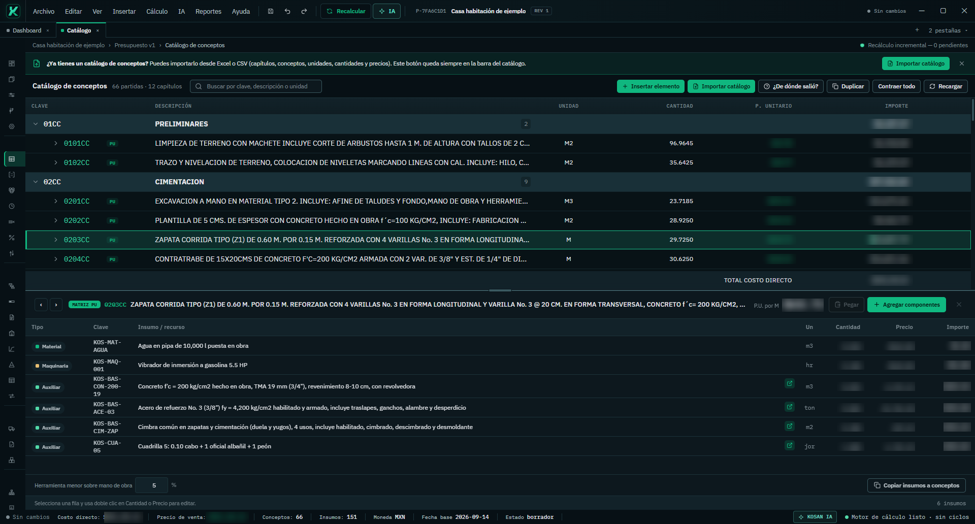 Matriz de precio unitario de una zapata corrida: agua, vibrador de inmersión, concreto f'c 200, acero de refuerzo, cimbra y cuadrilla, cada uno con clave, unidad y tipo.