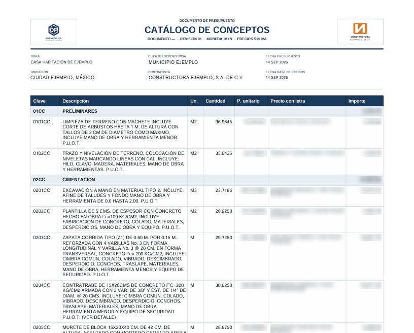 Vista previa del reporte Catálogo de conceptos en PDF: encabezado con logotipos del cliente y del contratista, datos de la obra, y tabla con clave, descripción, unidad, cantidad, precio unitario, precio con letra e importe.